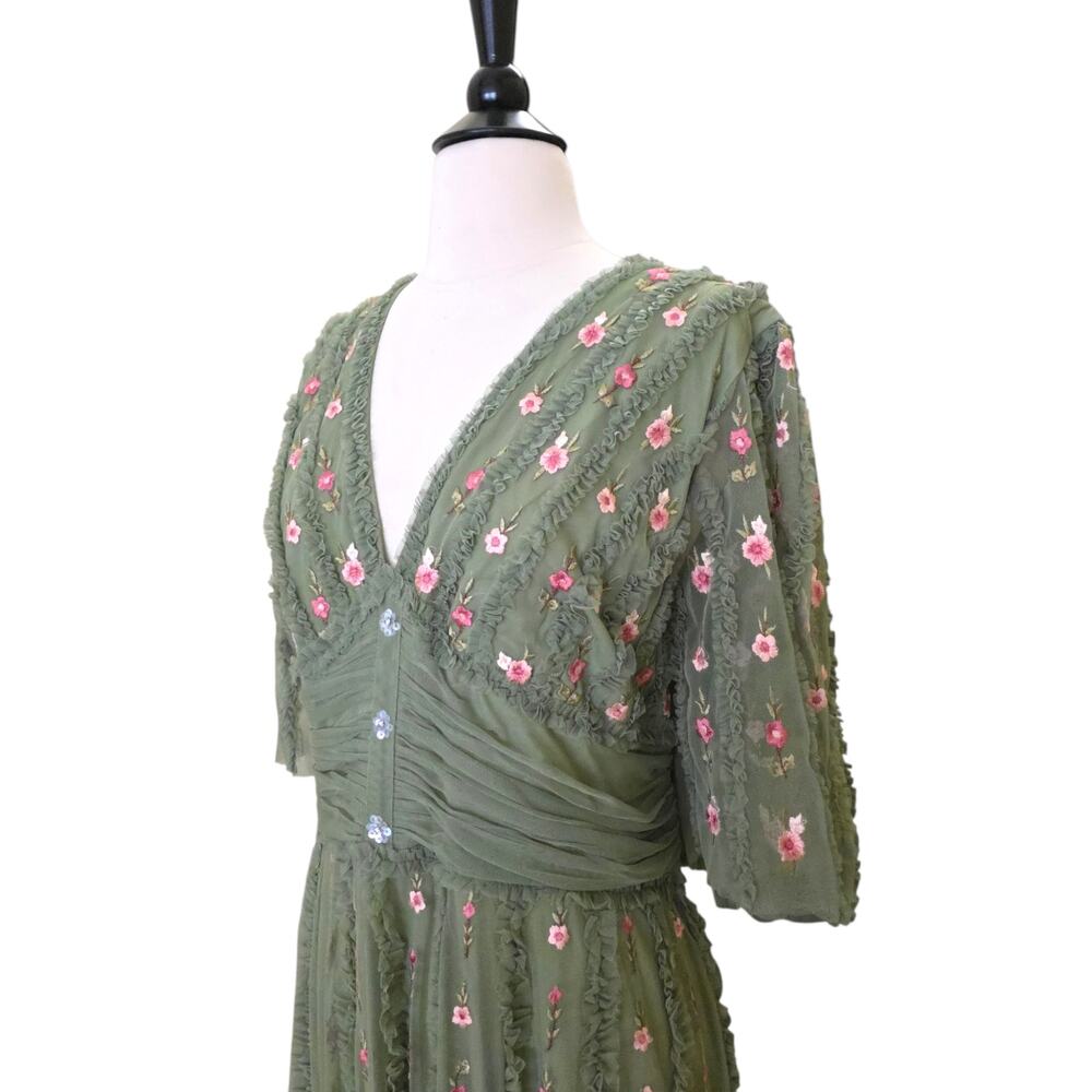 Mac Duggal 8028 Green Moss Floral Embroidered Tulle Gown Flutter Sleeve Dress 18 - Picture 6 of 14